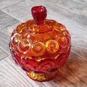 L E Smith Moon & Stars Amberina Lidded Dish